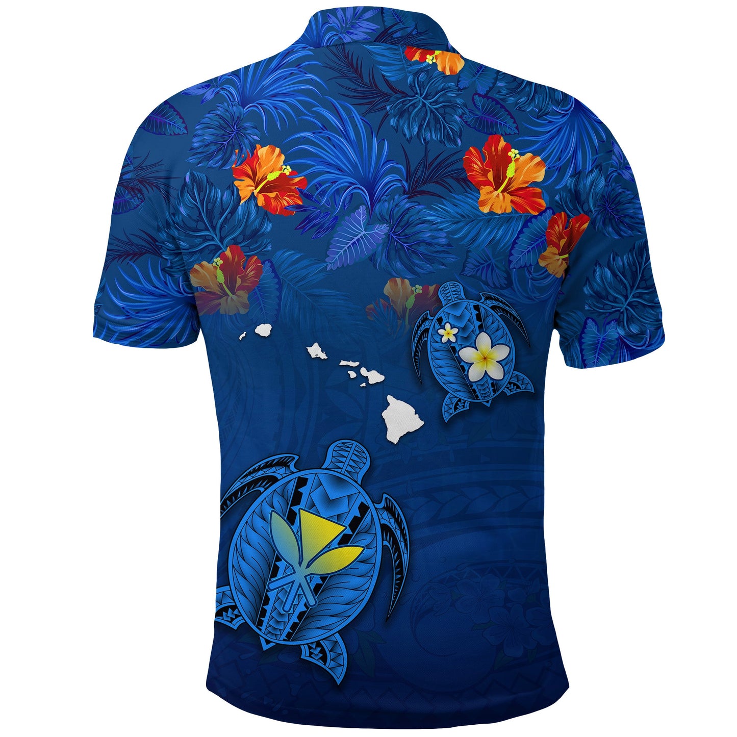 Hawaiian Islands Polo Shirt - Hawaii Tropical Flowers and Turtles Blue