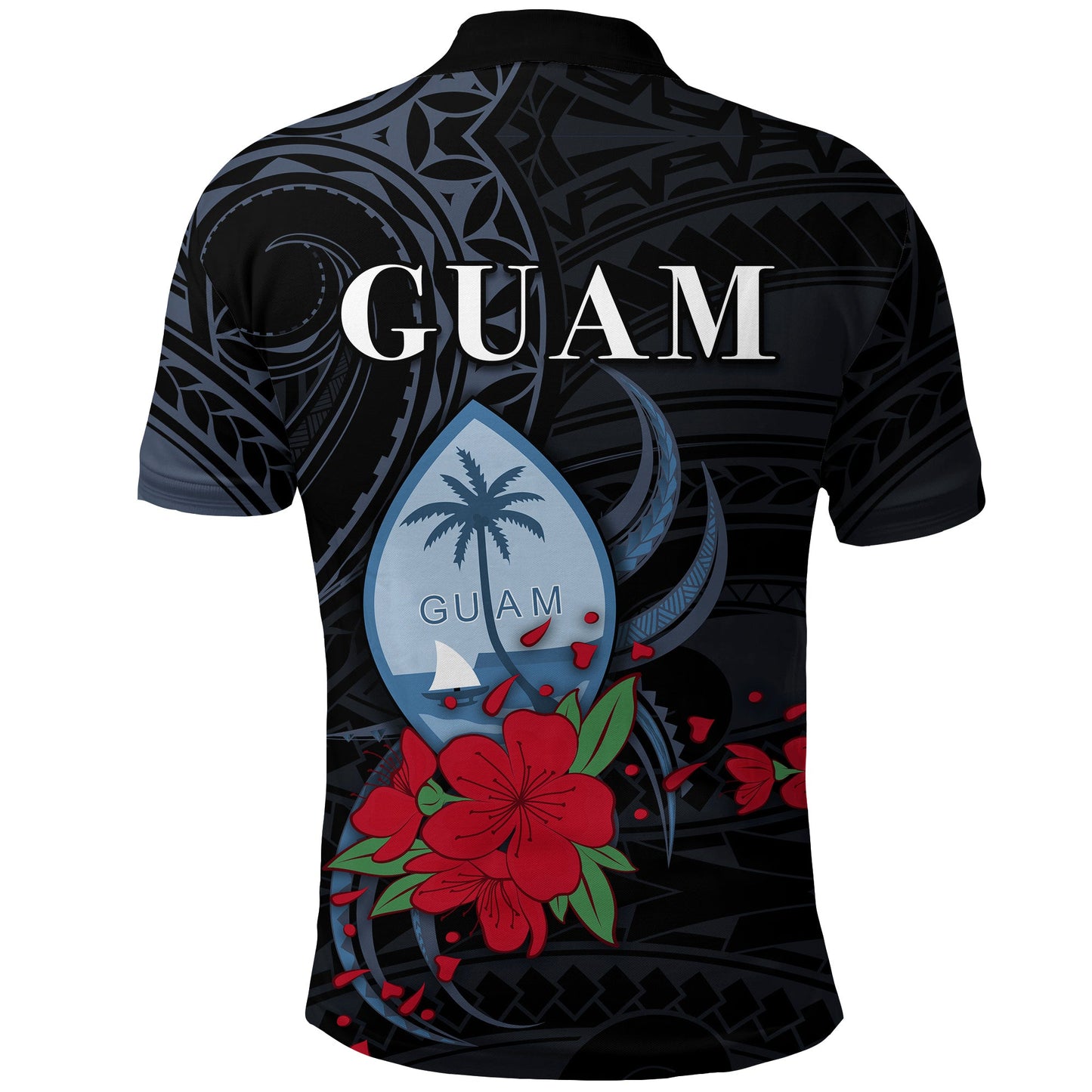 Guam Polo Shirt Polynesian Flowers Version Black
