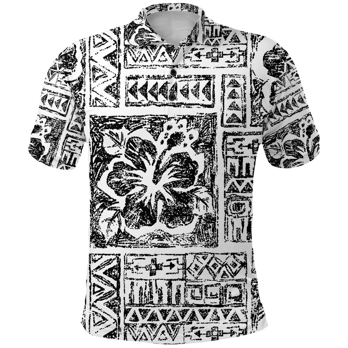 Fiji Tribal Black Polo Shirt Triple Hibiscus Tapa Style