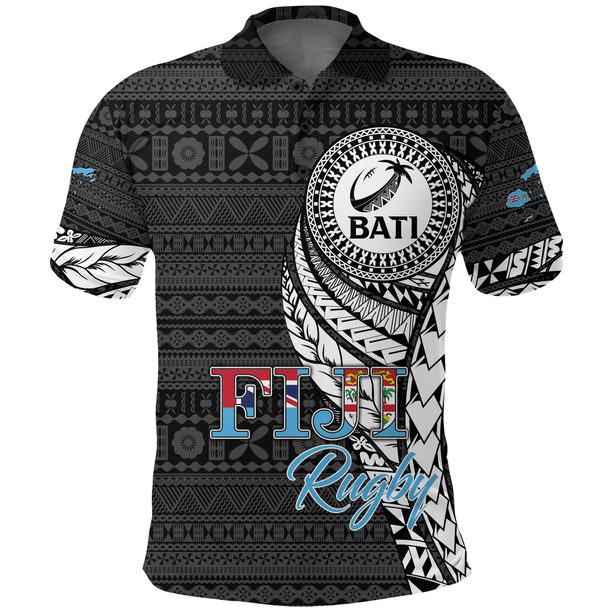 Black Fiji Rugby Bati Tapa Pattern Polo Shirt