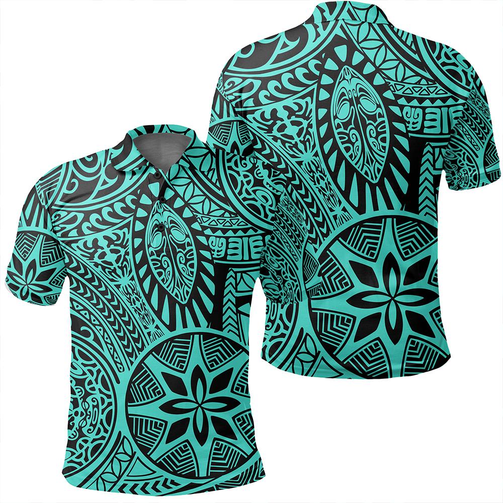 Unisex Polynesian Hawaiian Style Tribal Tattoo Turquoise Polo Shirt - AH