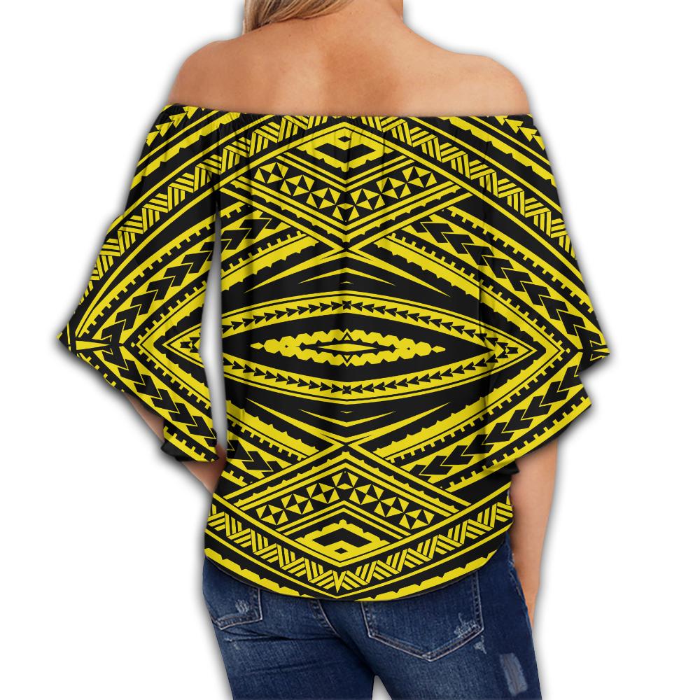 Polynesian Tatau Yellow Hawaii Women's Off Shoulder Wrap Waist Top