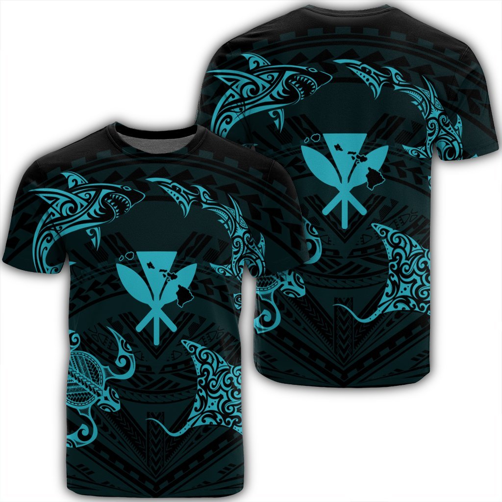 Polynesian Turtle Hammerhead Shark Ray Kanaka Hawaii T - Shirt Circle Blue - Ah