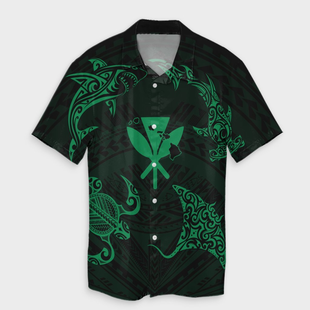 Polynesian Turtle Hammerhead Shark Ray Kanaka Hawaii Hawaiian Shirt Circle Green - AH