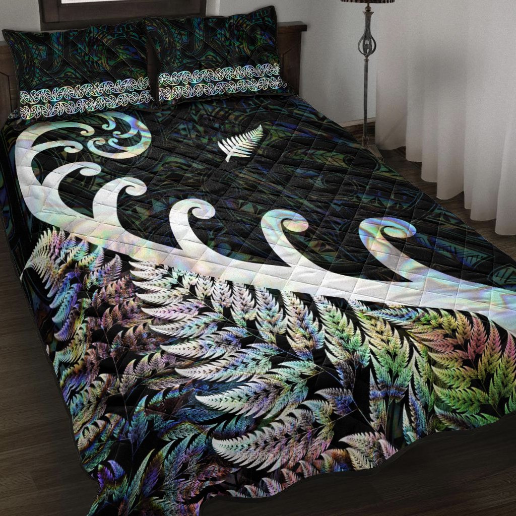 New Zealand Rugby Maori Quilt Bed Set Silver Fern Koru Vibes Paua Shell