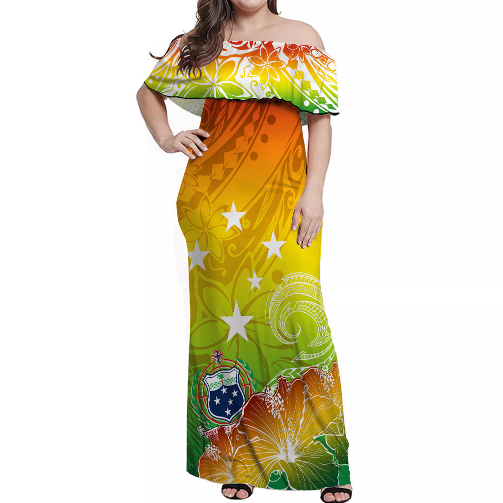 Samoa Off Shoulder Long Dress Hibiscus Ombre Style Reggae Color