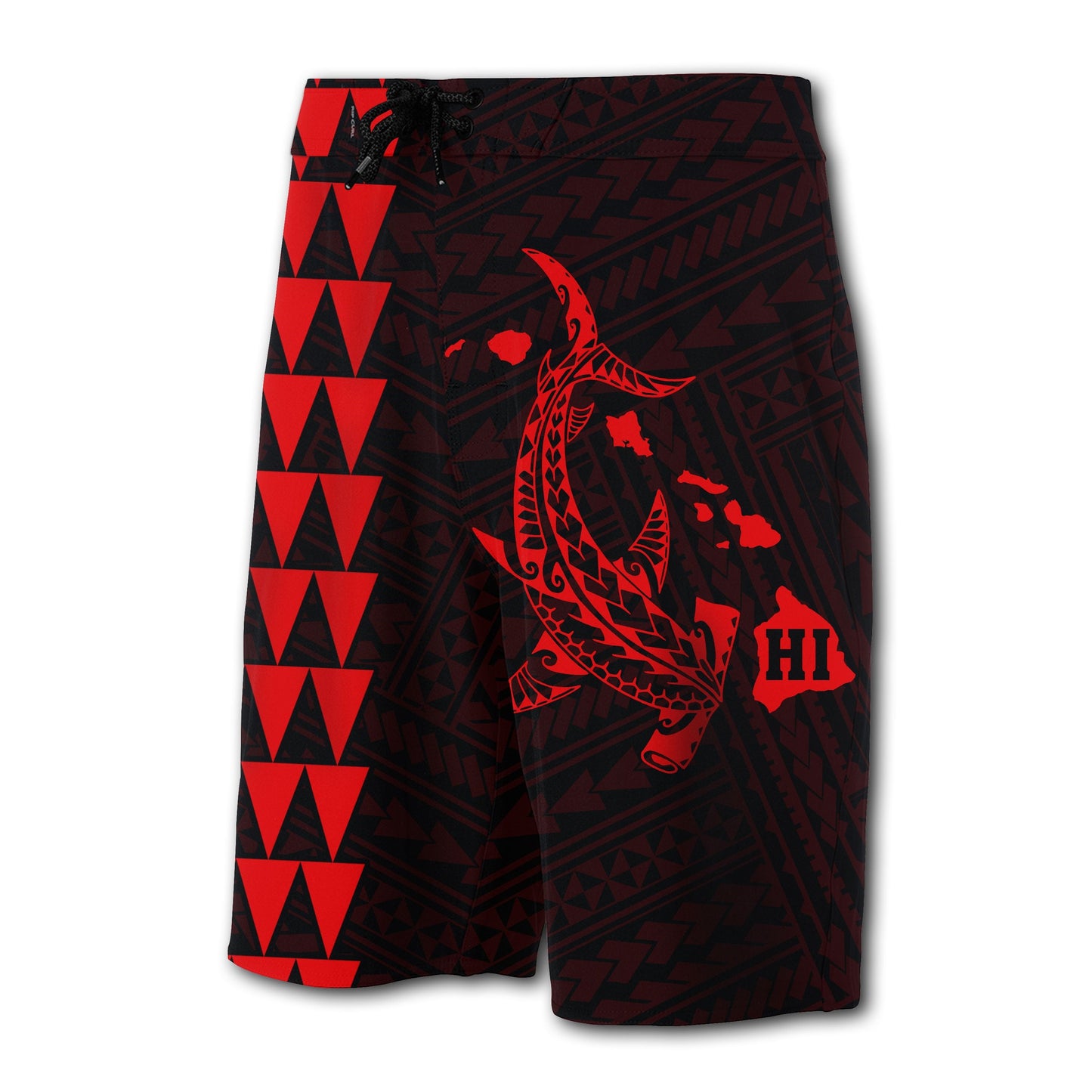 Hawaii Kakau Polynesian Hammerhead Shark Map Board Shorts - Red