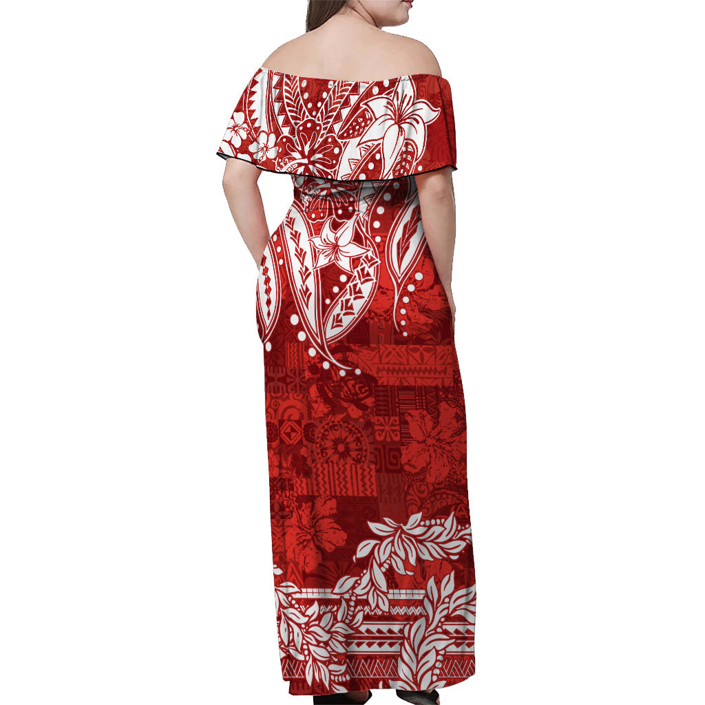Polynesian Off Shoulder Long Dress Tapa Plumeria Style Red