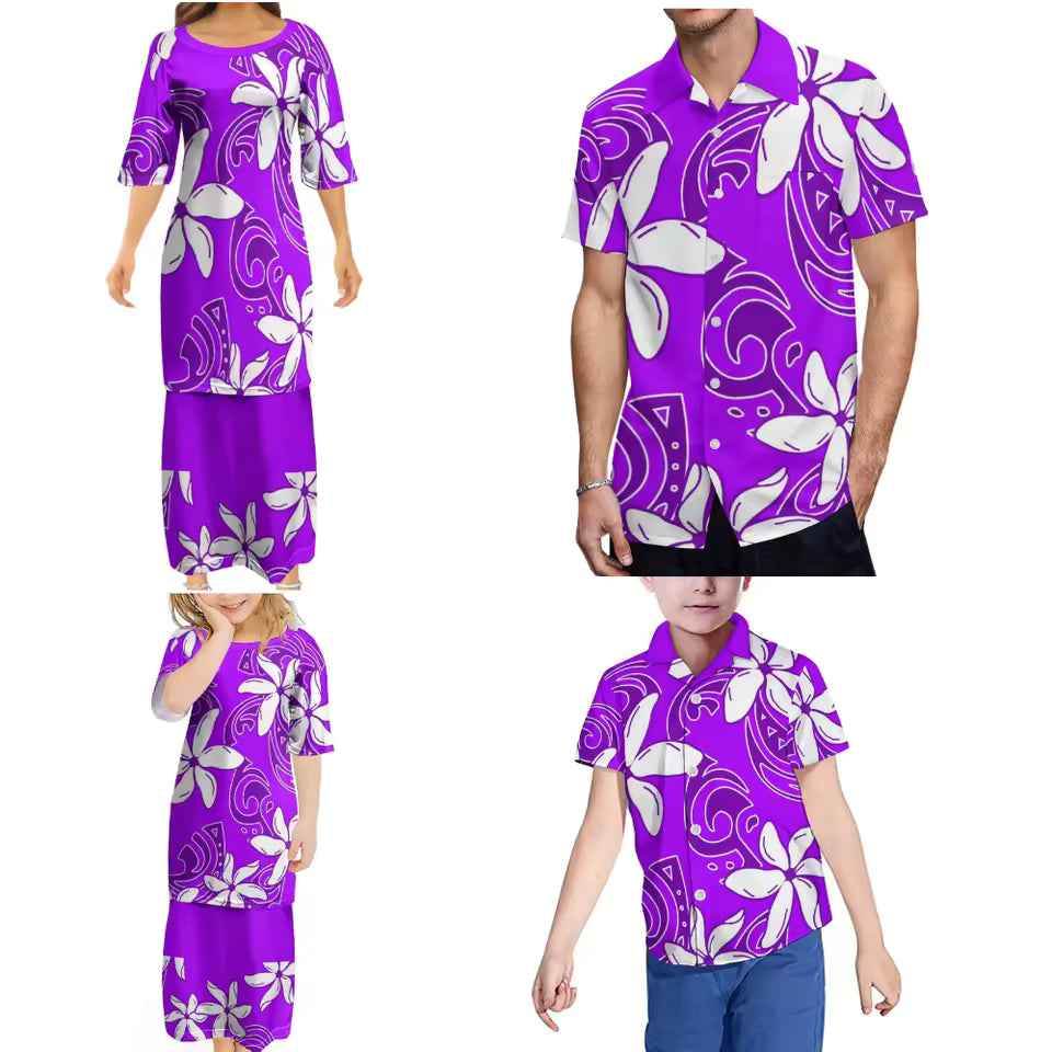 Purple Flowers Pattern Polynesian Tribal Printed Family Set Women's Puletasi Men'S Shirt Adult Children Tropical Matching Outfit For Family Clothing
