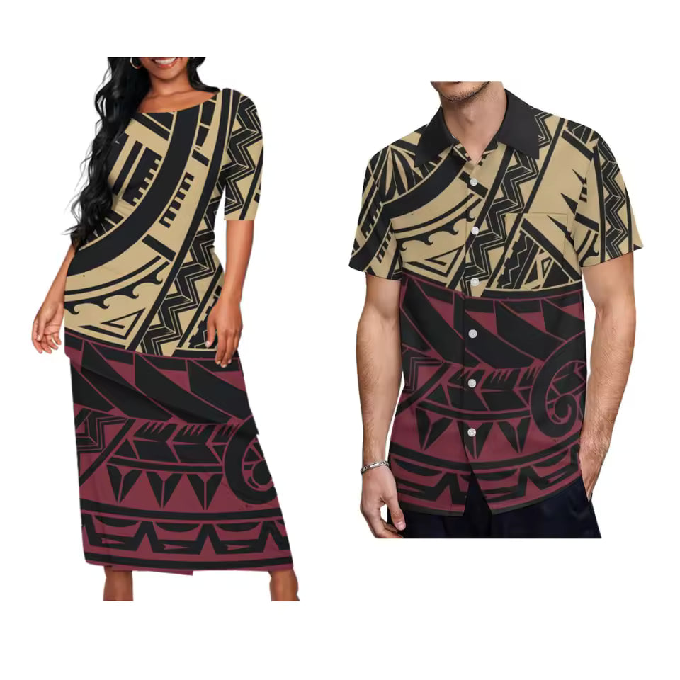 Polynesian Tribal Pattern Matching Couple Outfit Traditional Puletasi Dress And Hawaiian Shirts Party Couple Set For Her Him