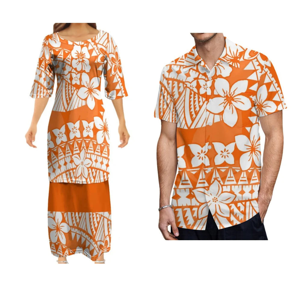 Orange Flowers Polynesian Tribal Pattern Outfit For Couple Polynesian Puletasi Dress And Hawaiian Shirts Set For Her Him