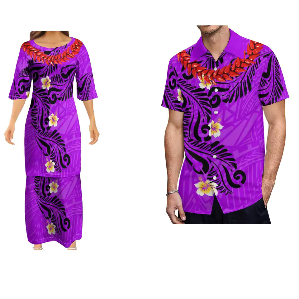 Polynesian Plumeria Flowers Pattern Matching Outfit For Couple Women's Dress Polynesian Vintage Grain Ula Nifo Print Samoan Necklace Party Evening Couple Shirt Set