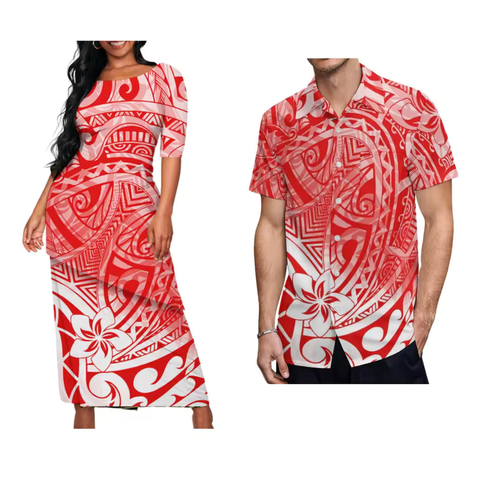 Red Polynesian Tribal Pattern Matching Outfit For Couple Puletasi Dress Polynesian Pattern Shirts Couple Set