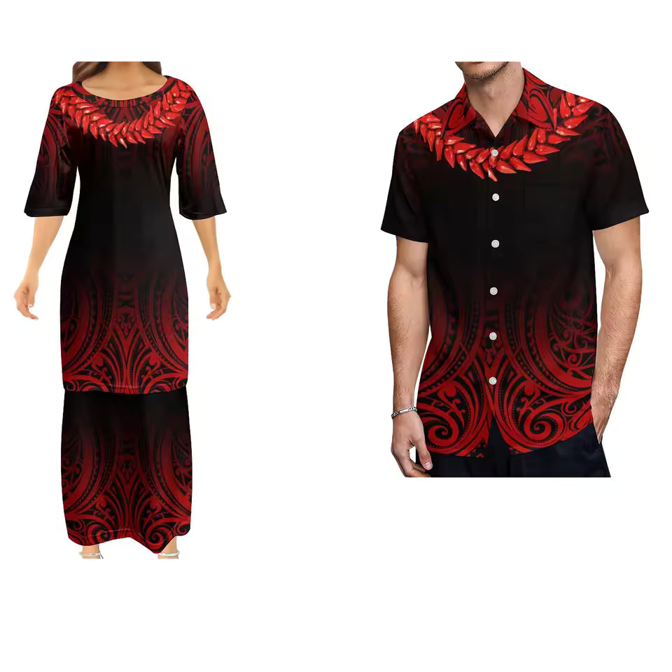 Polynesian Matching Outfit For Couple Women's Dress Polynesian Vintage Grain Ula Nifo Print Samoan Necklace Party Evening Couple Shirt Set