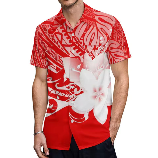 Polynesian Islands Samoa Red Floral Couple Matching Outfit For Family Dress Purple Polynesian Pattern Ruffled Dress And Hawaiian Shirt For Him