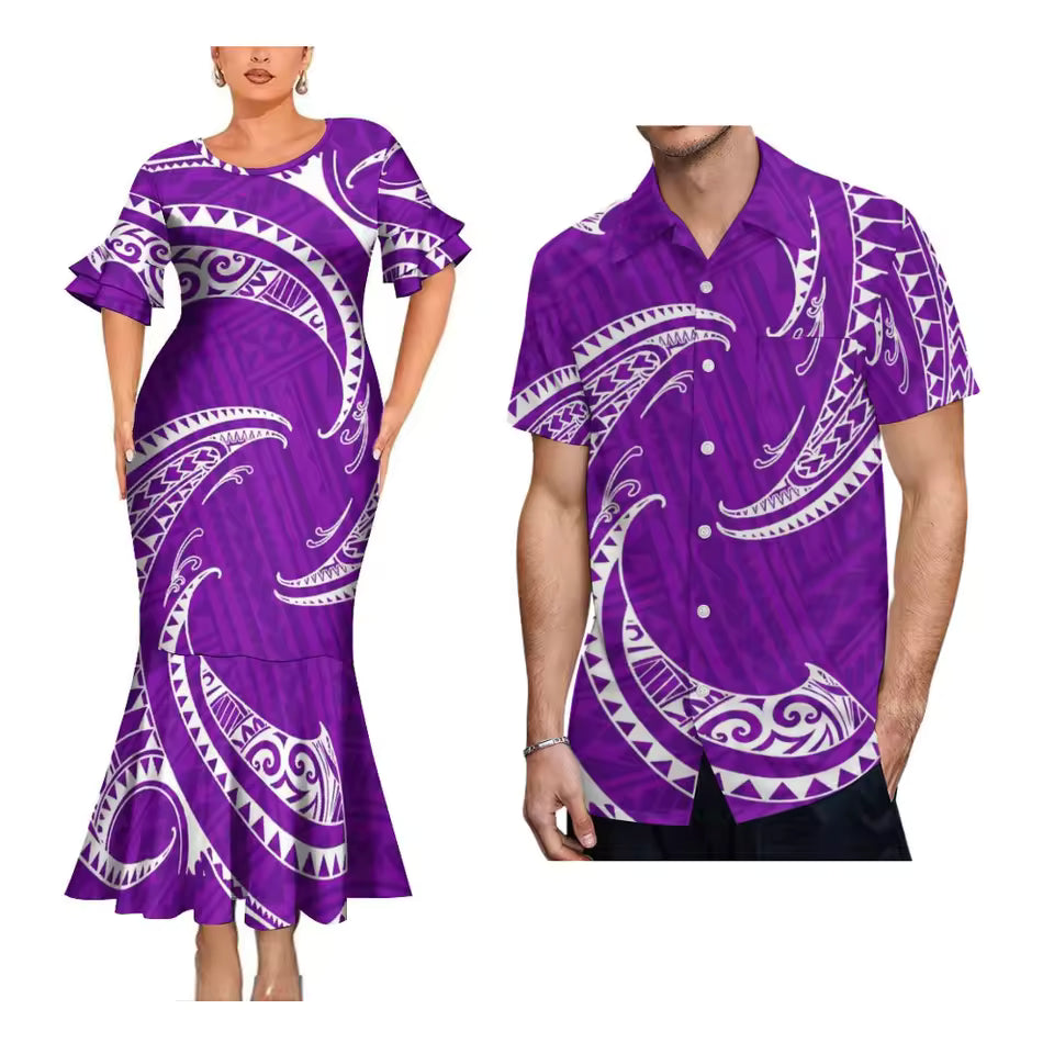 Polynesian Tribal Printed Pattern Purple Matching Outfit For Couple Polynesian Short Sleeve Mermaid Long Dress And Hawaiian Shirt