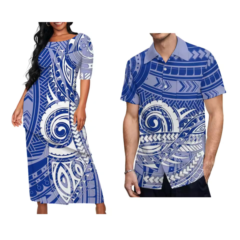 Blue Polynesian Tribal Pattern Matching Outfit For Couple Traditional Puletasi Dress And Hawaiian Shirts Party Couple Set For Her Him