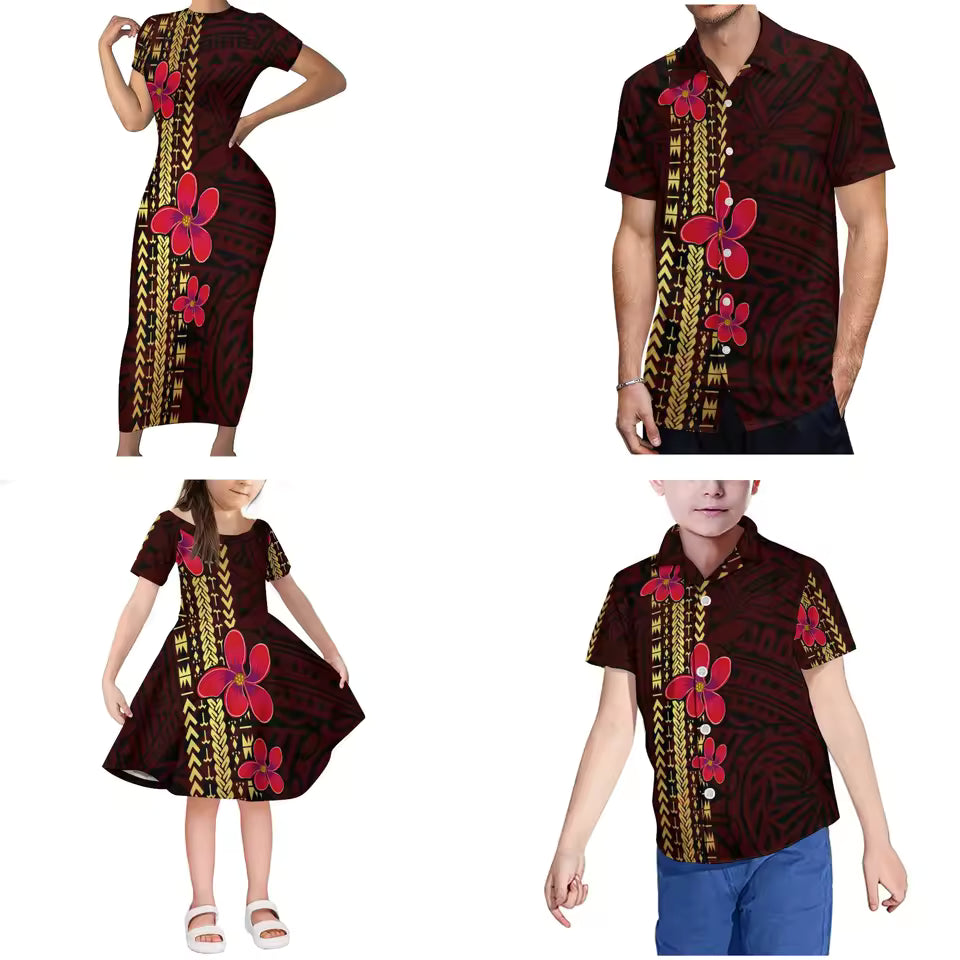 Polynesian Tribal And Hibiscus Pattern Matching Family Outfits Body Long Dress For Her And Shirt For Him