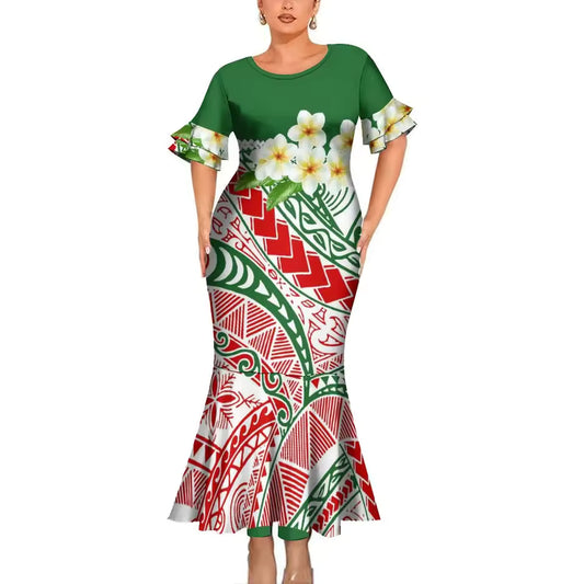 Polynesian Plumeria Flower Green Matching Outfit For Couple Polynesian Short Sleeve Mermaid Long Dress And Hawaiian Shirt
