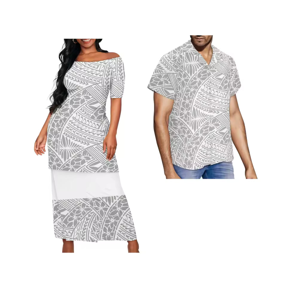 Samoa Couple Set White Polynesian Tribal Pattern Grey Matching Outfit For Couple Puletasi Dress And Hawaiian Shirt
