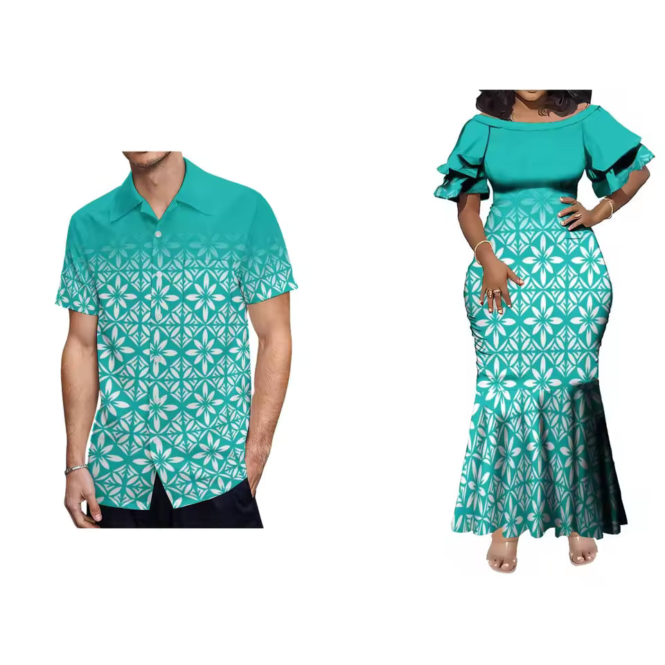 Blue Polynesian Tribal Pattern Matching Outfit For Couple Women'S Short-Sleeved Mermaid Dress Party Men's Hawaiian Shirt Couple Set
