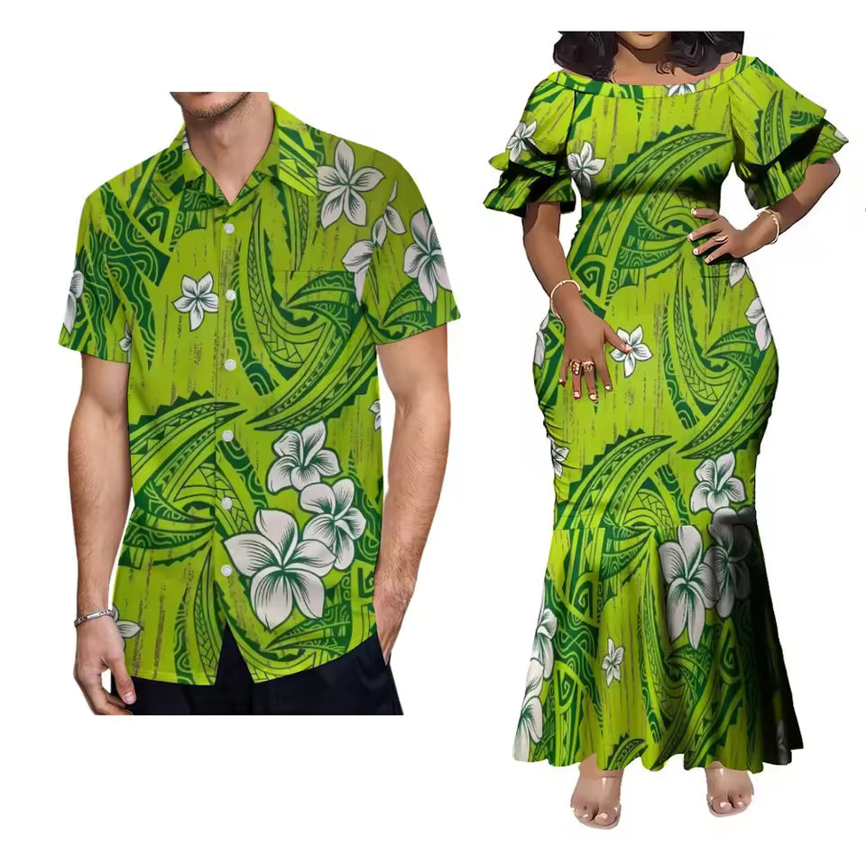 Polynesian Tribal Pattern And Flowers Green Outfit Couple For Her Him Short Sleeve Mermaid Long Dress And Hawaii Shirt Matching Outfit For Couple
