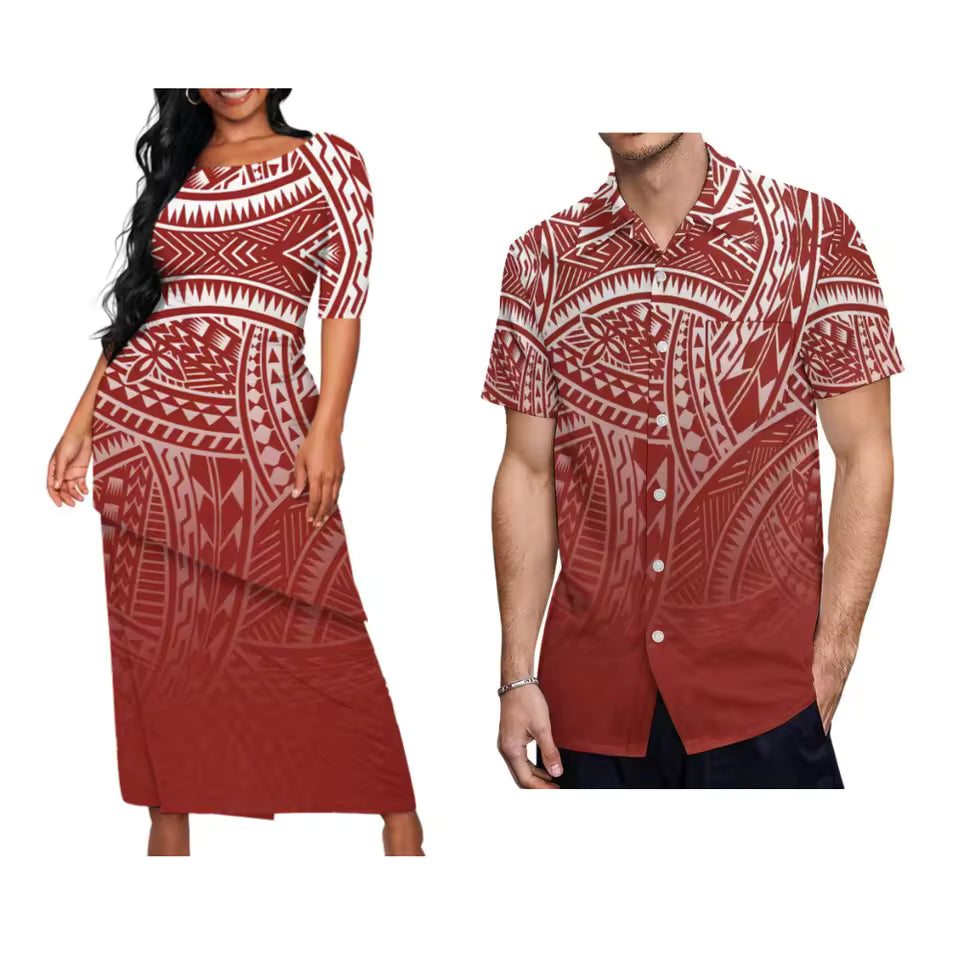 Red Samoan Polynesian Tribal Pattern Matching Outfit For Couple Puletasi Dress And Hawaiian Shirts Party Couple Set For Her Him