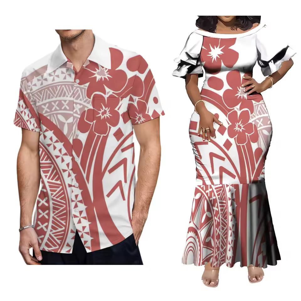 Polynesian Flowers Pattern Matching Outfit For Couple Samoan Women'S Short-Sleeved Dress Party Men's Hawaiian Shirt
