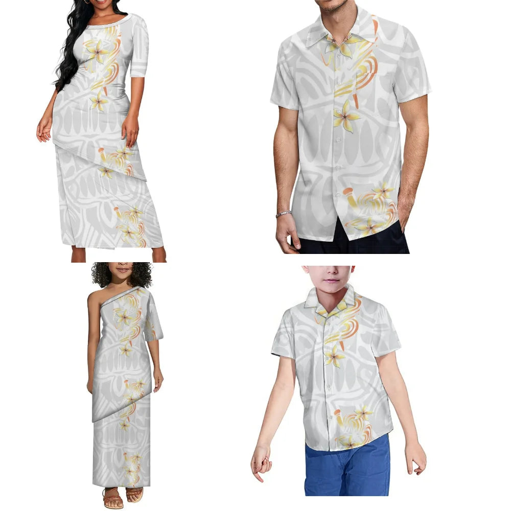 White Polynesian Pattern Matching Outfit For Family White Puletasi Dress Set Long Dress And Shirt For Her Him