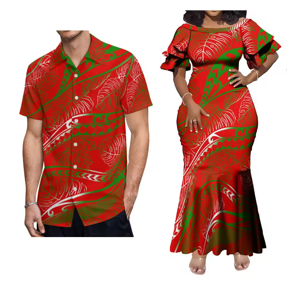 Polynesian Tribal Printed Red Outfit Couple For Her Him Short Sleeve Mermaid Long Dress And Hawaii Shirt Matching Outfit For Couple
