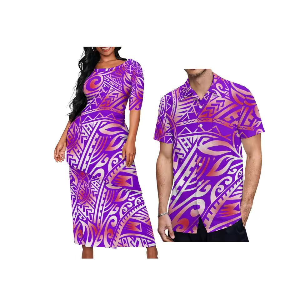 Polynesian Tribal Leaf Pattern Purple Couple Matching Outfit For Her Him Printed Samoa Puletasi Dress Two-Piece Suit With Men's Shirt Outfit Set