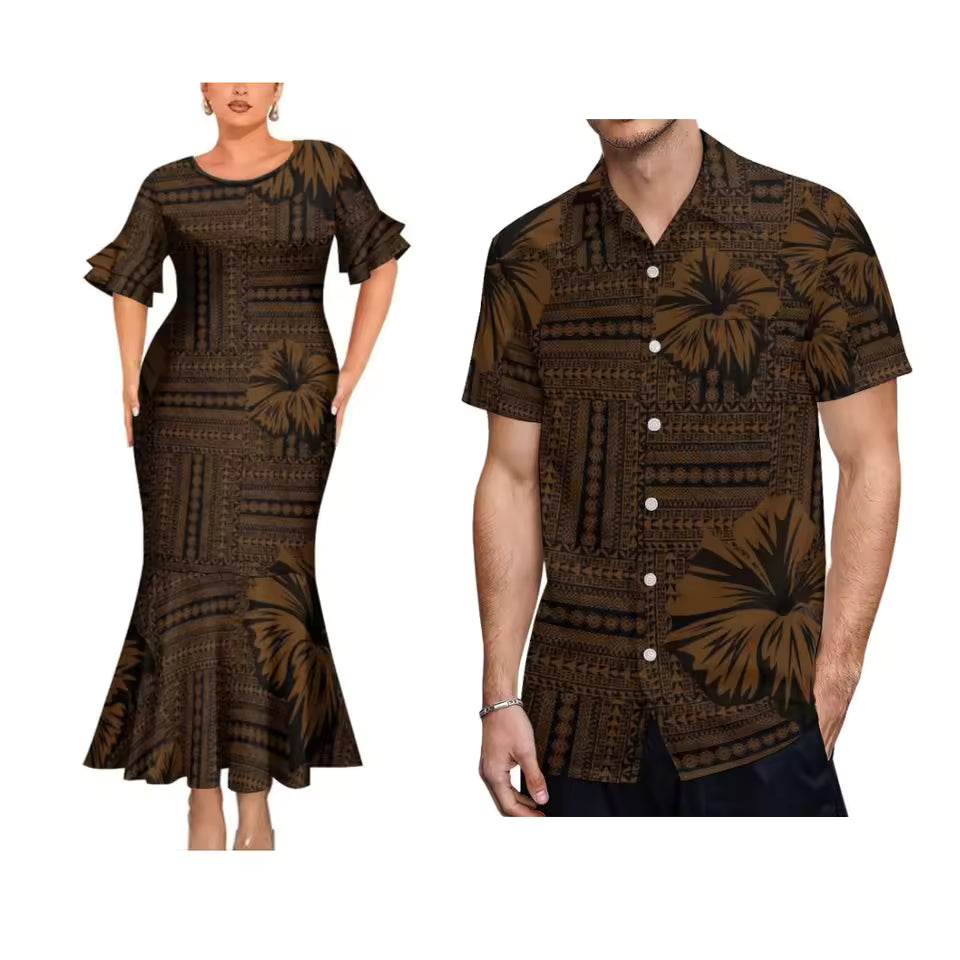 Hibiscus Flowers Polynesian Printed Couple Matching Outfit Polynesian Tribal Island Short Sleeve Mermaid Long Dress And Hawaiian Shirt Outfit Set