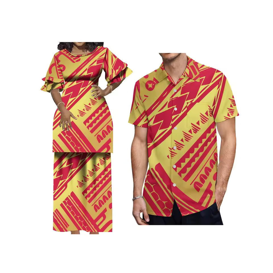 Polynesian Island Printed Samoa Orange Matching Outfit For Couple Puletasi Double layer Horn Sleeve Dress Couple Set