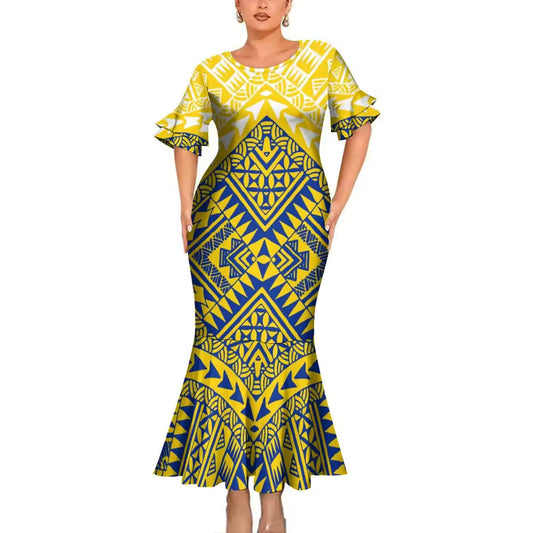 Island Style Matching Outfit For Couple Polynesian Printed Yellow Short Sleeve Mermaid Long Dress And Hawaiian Shirt