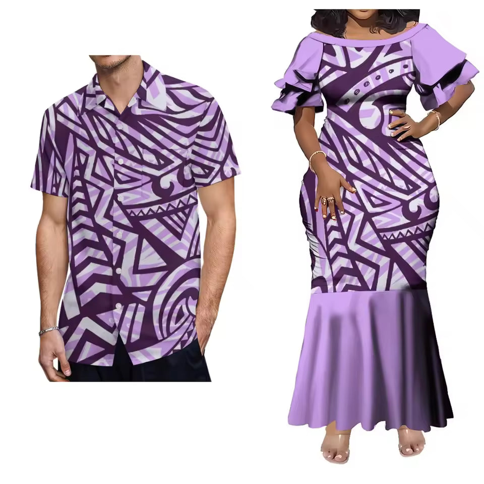 Pacific Island Polynesian Tribal Pattern Matching Outfit For Him Her Women'S Short-Sleeved Mermaid Dress Party Men Shirt Couple Set