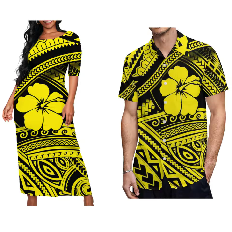Polynesian Tribal Pattern Printed Yellow Couple Matching Outfit Hibiscus Flowers Island Puletasi Dress Two-Piece Suit With Men's Shirt Matching Set