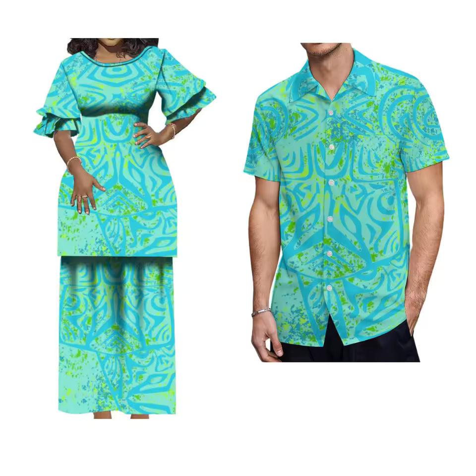 Polynesian Pattern Printed Matching Outfit For Couple Crewneck Casual Puletasi Double layer Horn Sleeve Dress and Hawaii Shirt Island Couple Set