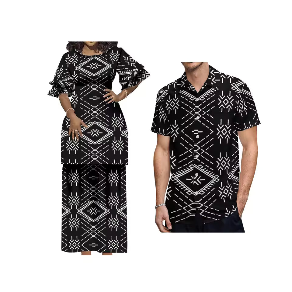Polynesian Pattern Black Printed Couple Matching Outfit Crewneck Casual Island Puletasi Double layer Horn Sleeve Dress and Hawaii Shirt