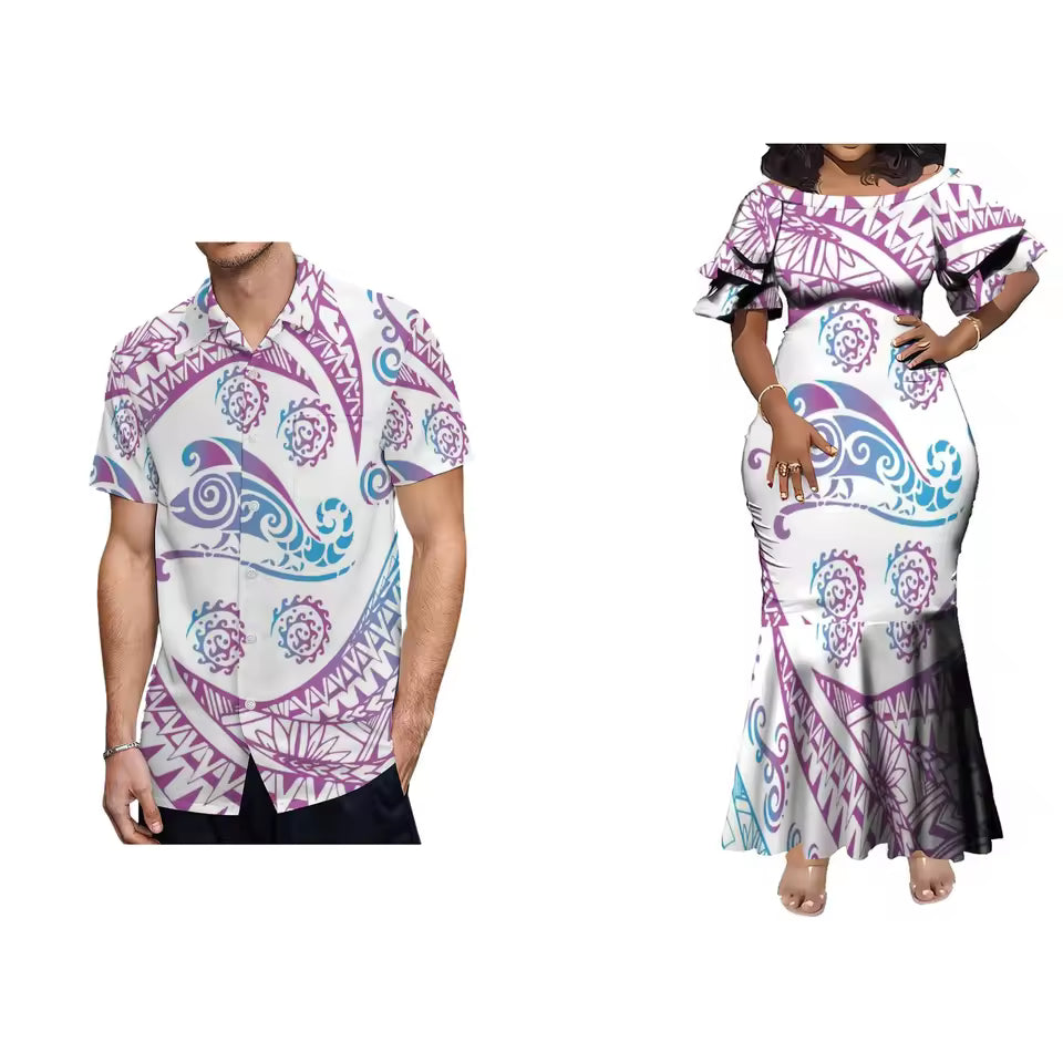 Traditional Polynesian Tropical Pattern Matching Outfit For Couple Island Matching Outfit Short Sleeve Mermaid Long Dress And Hawaii Shirt Couple Set