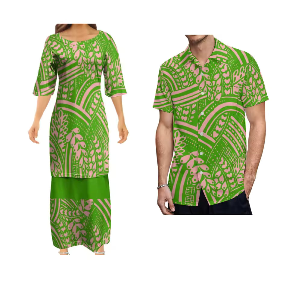 Polynesian Tribe Green Pattern Matching Outfit For Couple Ladies Elegant Puletasi Dress For Her And Hawaiian Shirt