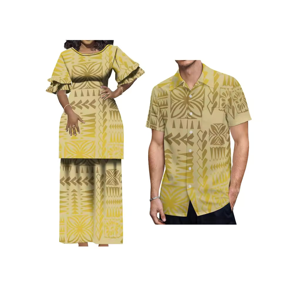 Polynesian Pattern Printed Matching Outfit For Her Him Polynesian Tribal Crewneck Casual Island Puletasi Double layer Horn Sleeve Dress and Hawaii Shirt