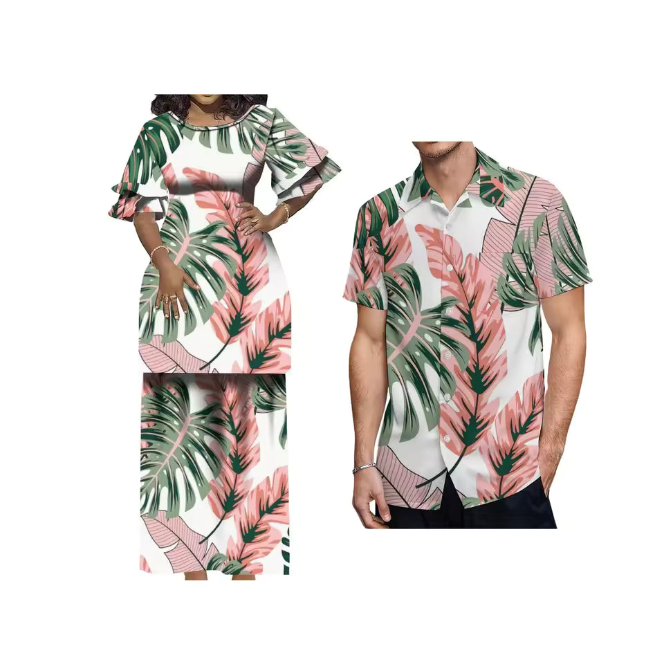 Polynesian Tropical Leaf Pattern Couple Matching Outfit Crewneck Casual Island Puletasi Double layer Horn Sleeve Dress and Hawaii Shirt