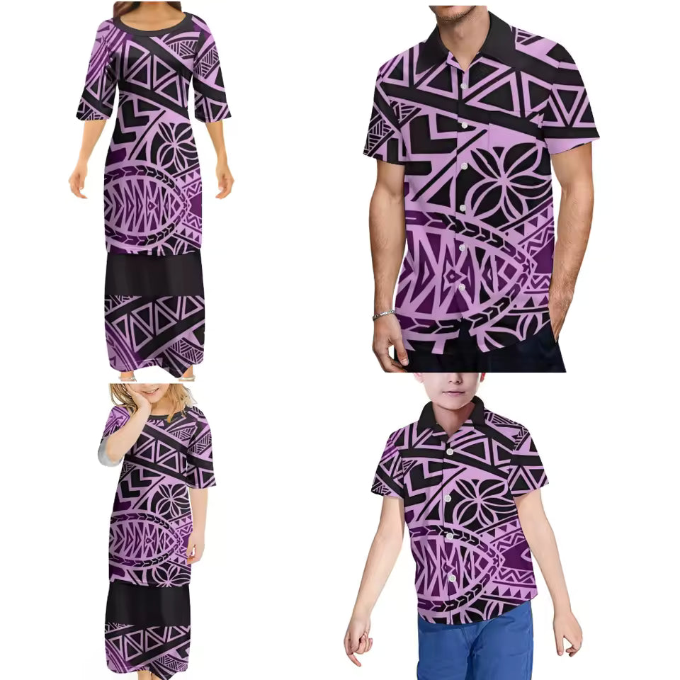 Polynesian Family Set Polynesian Tribal Pattern Women's Puletasi Men'S Shirt Adult Children Matching Set For Family