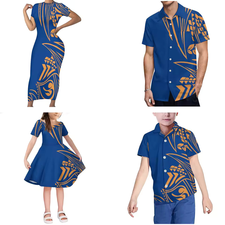 Polynesian Tribal Matching Family Outfits Blue Dress For Her And Shirt For Him