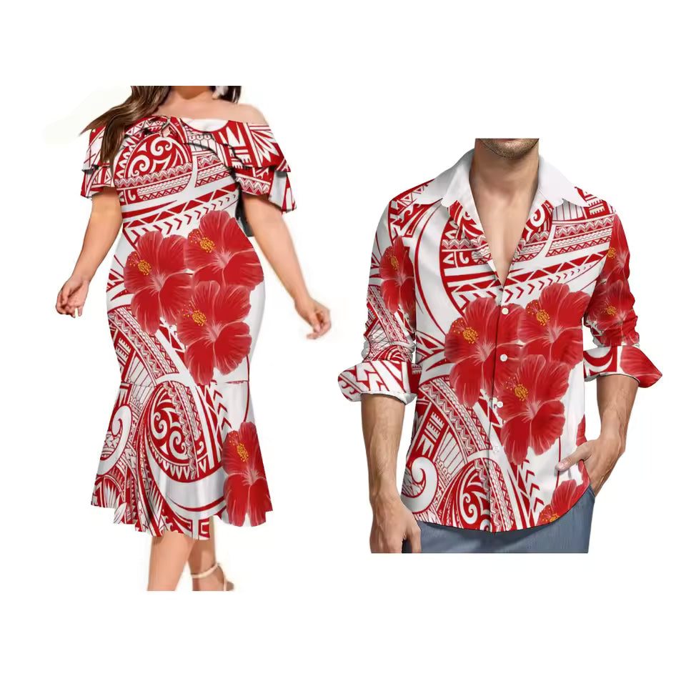 Polyensian Hibiscus Flowers Red Matching Couple Outfit Women's Teardrop Neck Ruffle Neck Ruffled Long Dress Men'S Tropical Shirt