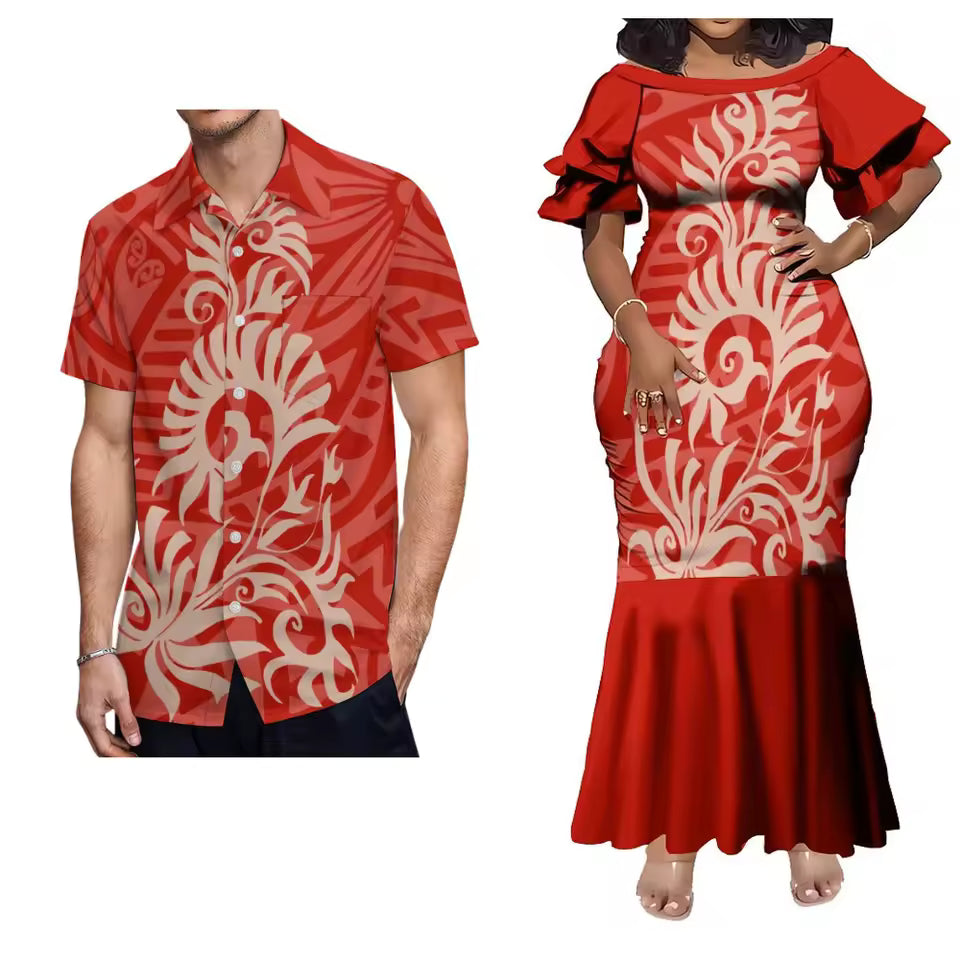 Pacific Island Polynesian Tribal Matching Outfit For Him Her Women'S Short-Sleeved Mermaid Dress Party Men Shirt Matching Couple Set