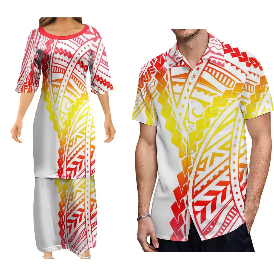 Polynesian Tribal Pattern Couple Set Outfit Women's Dress Men's Hawaiian Shirt Polynesian Matching Outfit