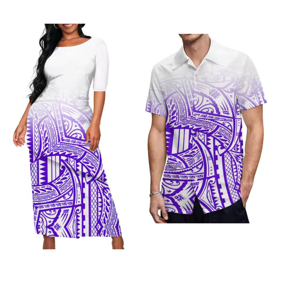 Polynesian Pattern Printed White Matching Outfit For Couple Traditional Puletasi Dress And Hawaiian Shirts Party Couple Set For Her Him