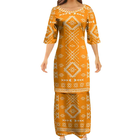 Samoan Orange Puletasi Polynesian Tattoo Pattern Matching Outfit For Couple Women Dresses lady Design Dress Matching Men's Short-Sleeved Shirts Couple Suit