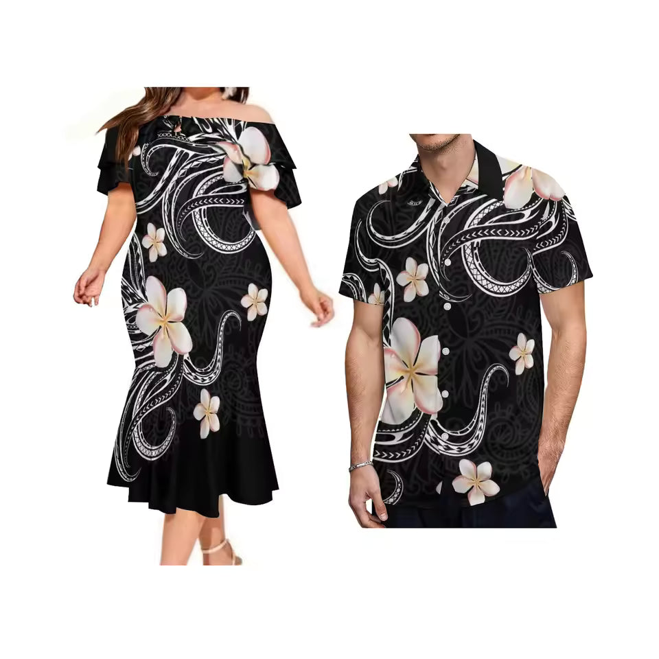 Polynesian Tribal Pattern Matching Outfit For Couple Black Plumeria Flowers Printed Ruffled Fishtail Dress And Hawaiian Shirt Set